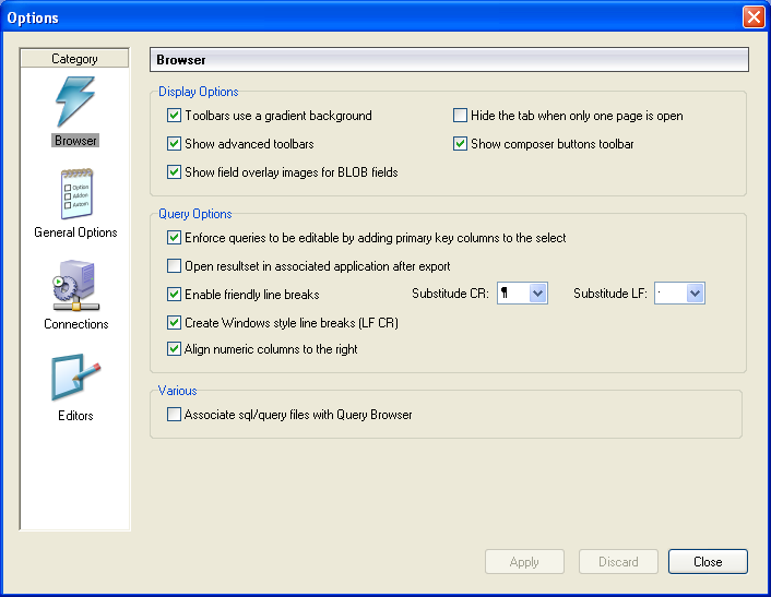 The query browser options dialog