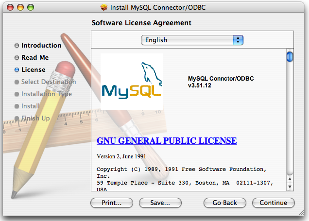 MyODBC Mac OS X Installer -
                  Lizenz